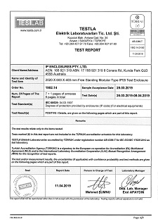 IP Enclosures Test Certificate Extract - TS EN 60529 IP55 Floor Standing Cabinets